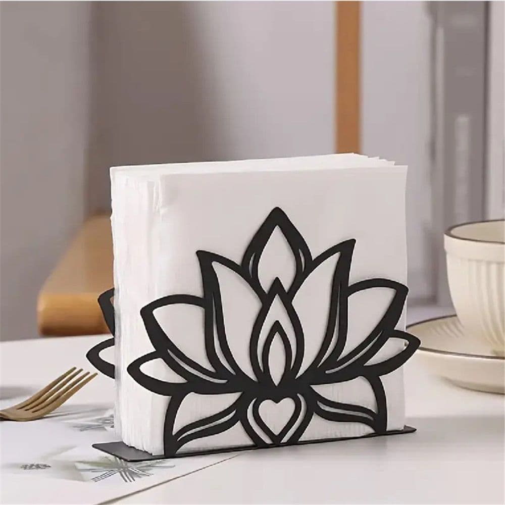 2 pack Lotus Flower Decorative Black iron Napkin Holder for Table, 5.3" x 4" x 1.5" Floral Standing Napkin Holder for Home Kitchen Restaurant Picnic Party Coffee Bar Dining Room（Excluding paper）