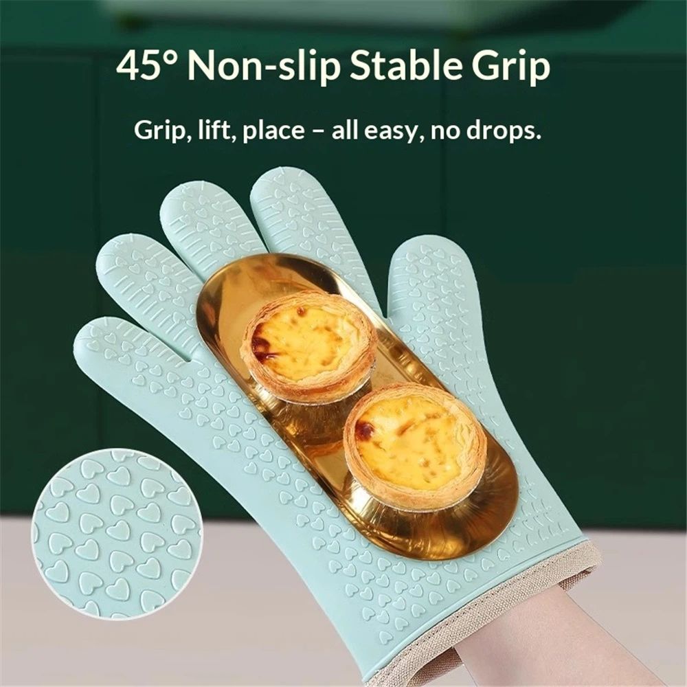 1 pair Silicone Oven Mitts Heat Resistant ,Waterproof & Non-Slip Oven Gloves with Fingers,Cotton Lined Silicone Oven Gloves Kitchen Mitts for Baking Cooking Barbecue,Women (Green)