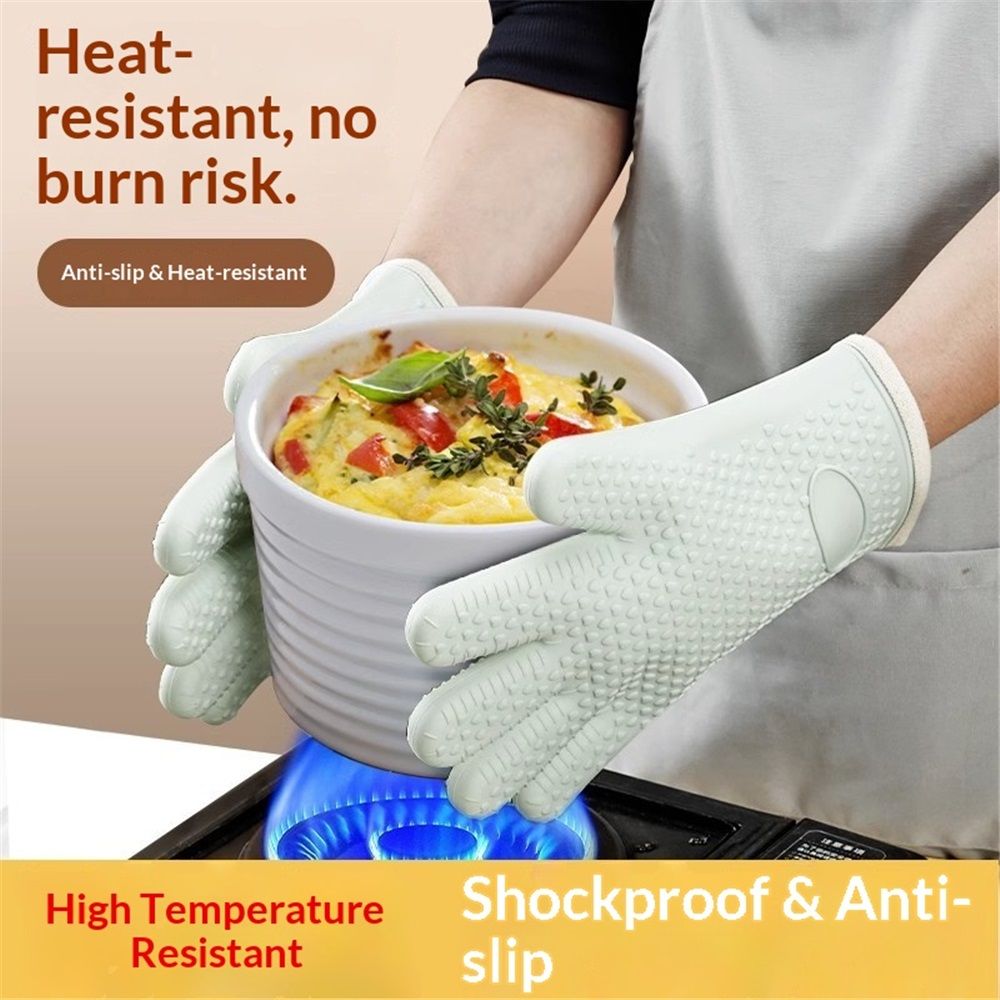 1 pair Silicone Oven Mitts Heat Resistant ,Waterproof & Non-Slip Oven Gloves with Fingers,Cotton Lined Silicone Oven Gloves Kitchen Mitts for Baking Cooking Barbecue,Women (Green)