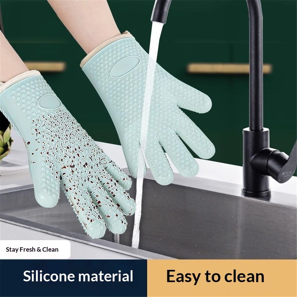 1 pair Silicone Oven Mitts Heat Resistant ,Waterproof & Non-Slip Oven Gloves with Fingers,Cotton Lined Silicone Oven Gloves Kitchen Mitts for Baking Cooking Barbecue,Women (Green)