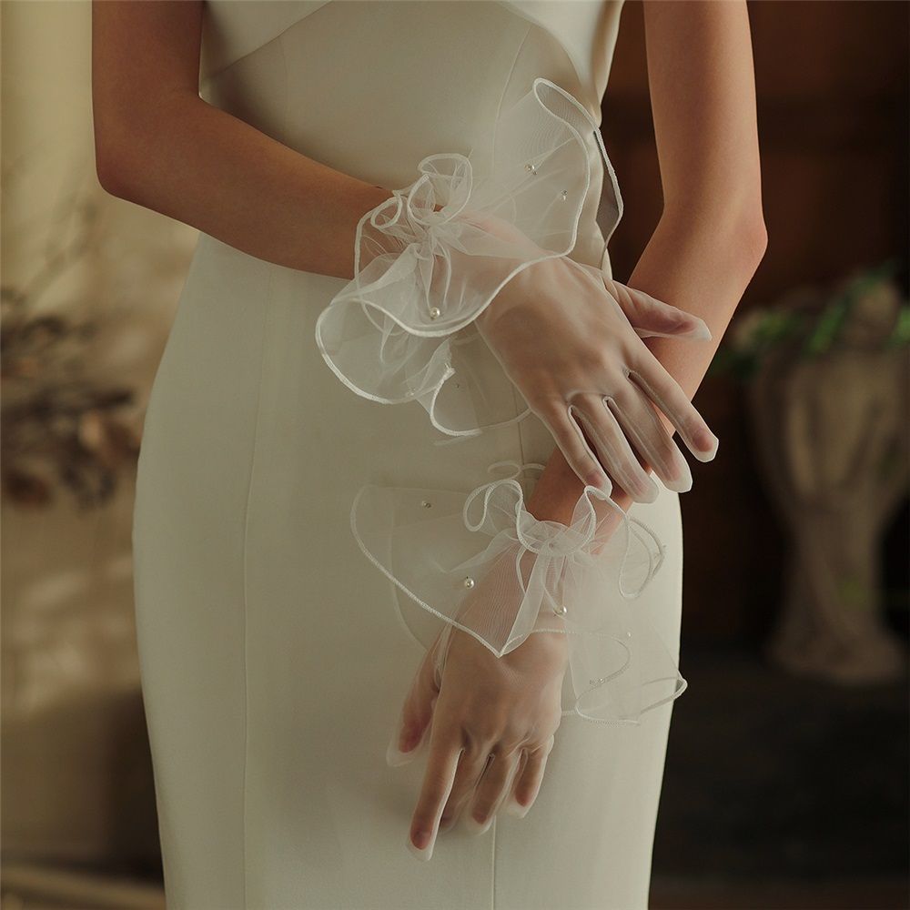 2 set Women's Short Mesh Gloves Ruffled Tulle Tea Party Gloves for Formal Costume Evening Wedding Party
