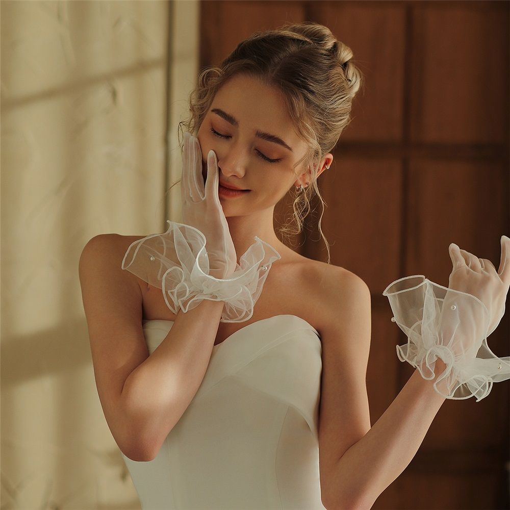 2 set Women's Short Mesh Gloves Ruffled Tulle Tea Party Gloves for Formal Costume Evening Wedding Party