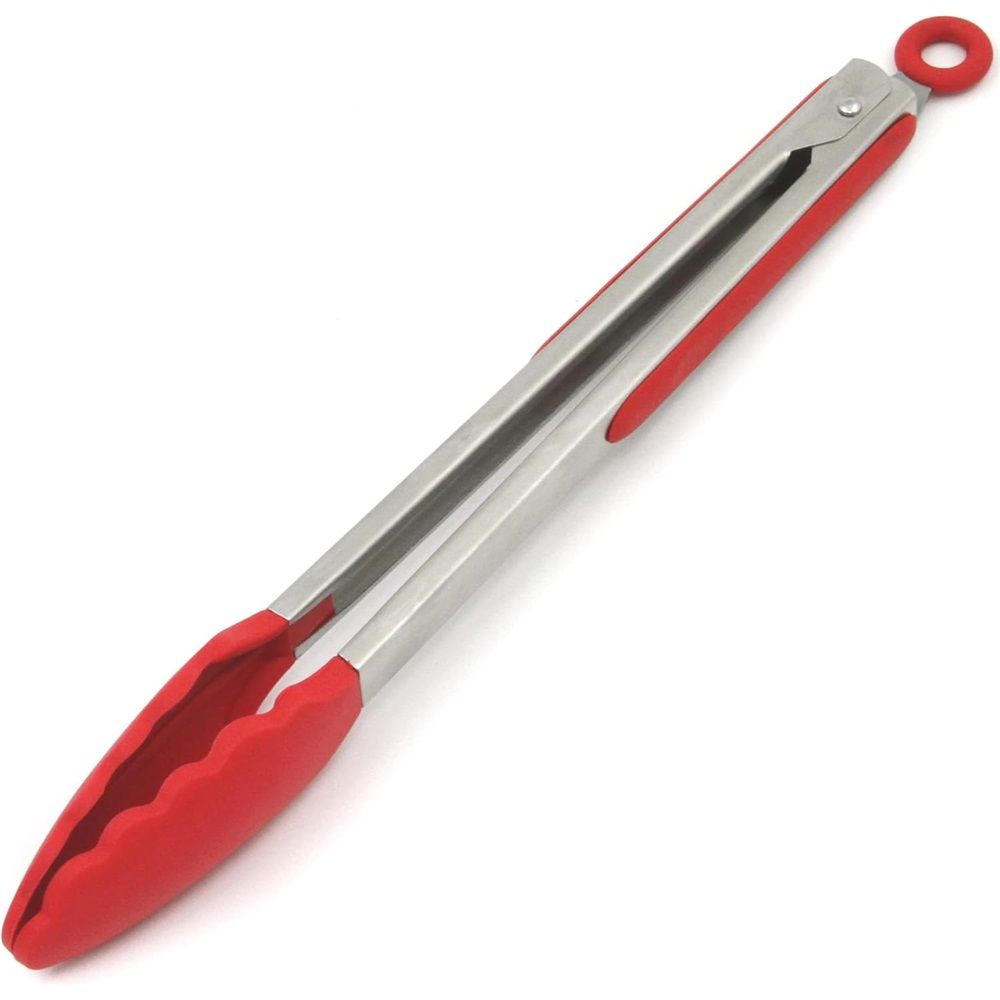 Heat Resistant Kitchen Tongs: 12 inch Large Silicone Cooking Tong with Sturdy Non Stick Coated Stainless Steel Handle & Smooth Locking for Serving Grill (Red)