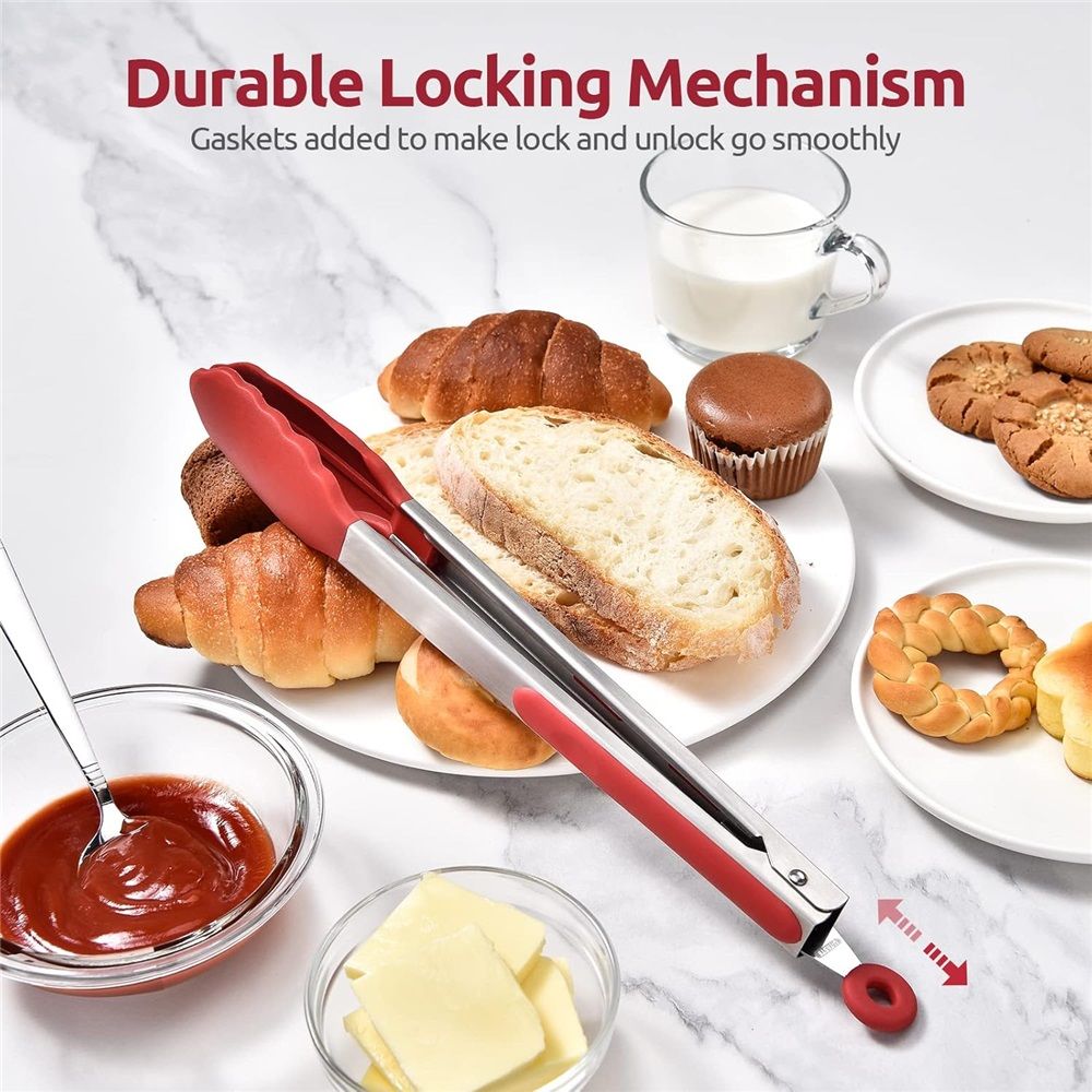 Heat Resistant Kitchen Tongs: 12 inch Large Silicone Cooking Tong with Sturdy Non Stick Coated Stainless Steel Handle & Smooth Locking for Serving Grill (Red)
