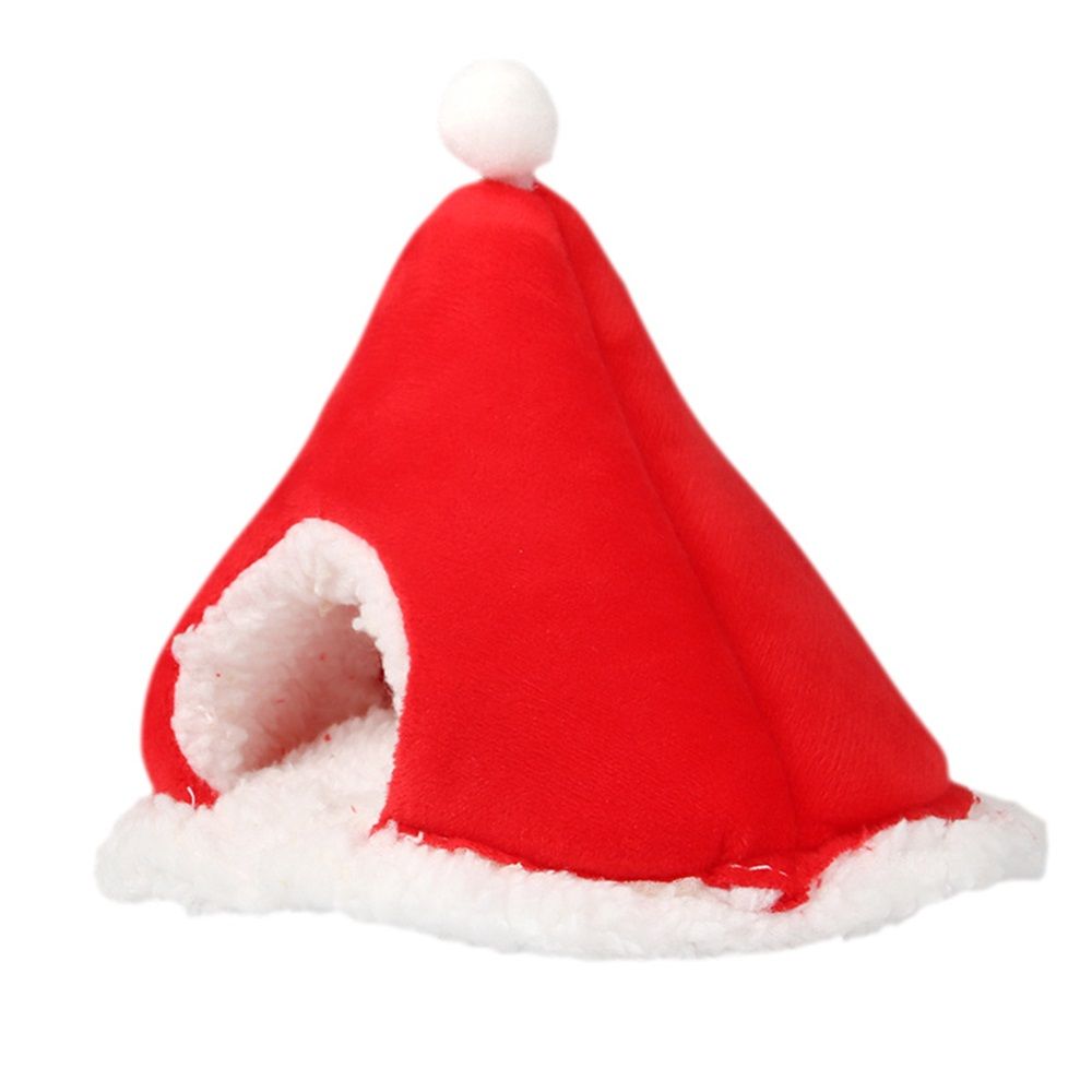 Cat Bed Christmas Hat Cat Tent House Self-Warming Comfortable Triangle Pet Xmas Dog Cave in Winter (Red)