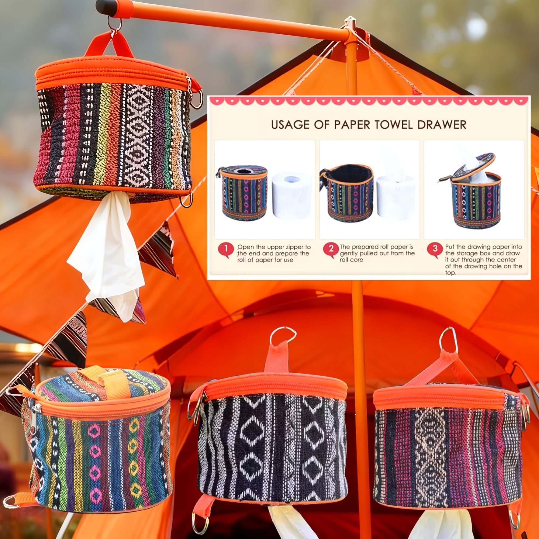 Bohemian Striped Portable Napkin & Tissue Holder, Foldable Roll Dispenser for Camping, Car, Picnic & Home Organization Orange