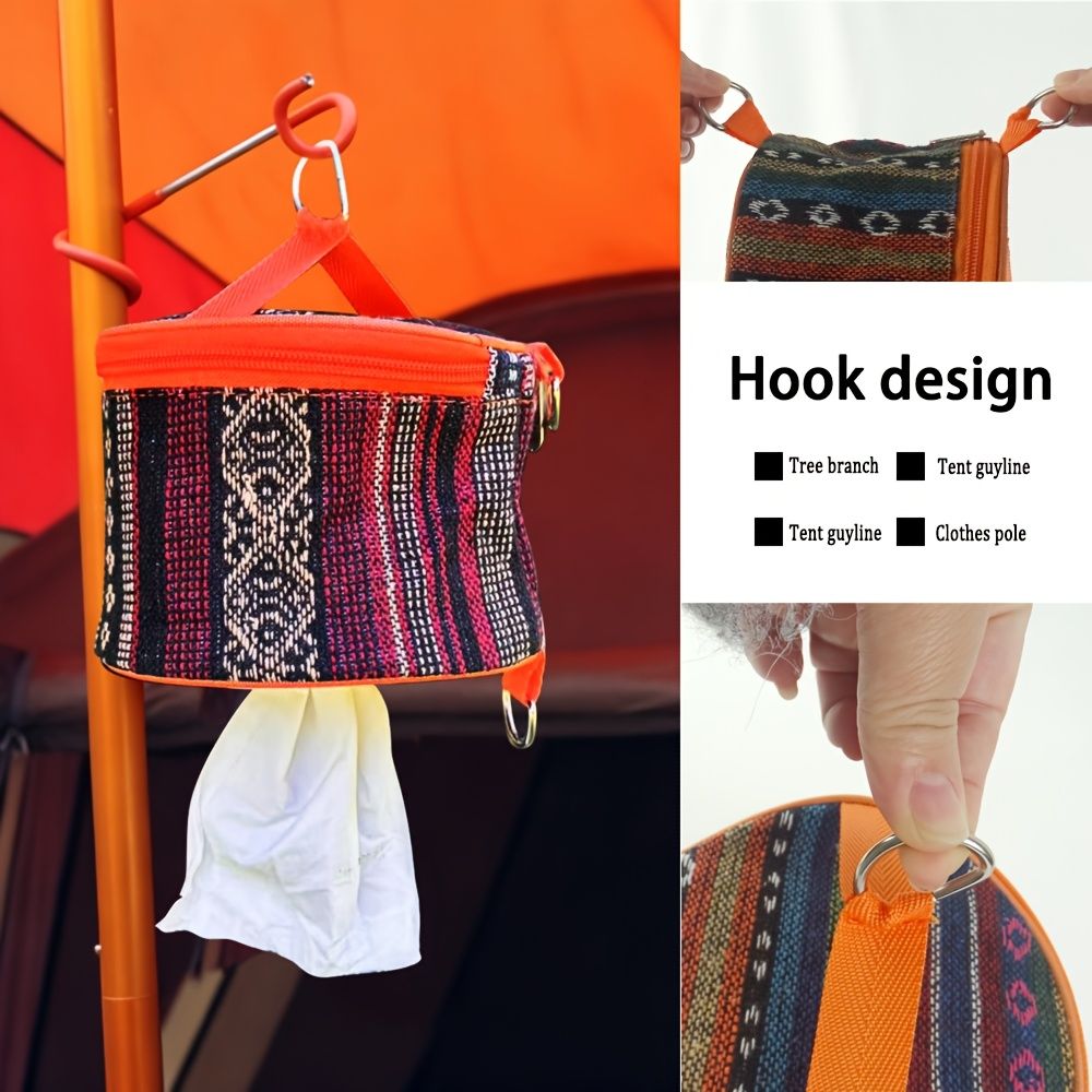 Bohemian Striped Portable Napkin & Tissue Holder, Foldable Roll Dispenser for Camping, Car, Picnic & Home Organization Orange