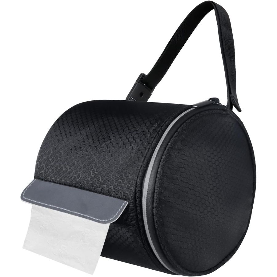 Portable Foldable Toilet Paper Holder with Adjustable Strap, Cat-Proof Dispenser for Camping, Home & Office, Durable Fabric Cover Black