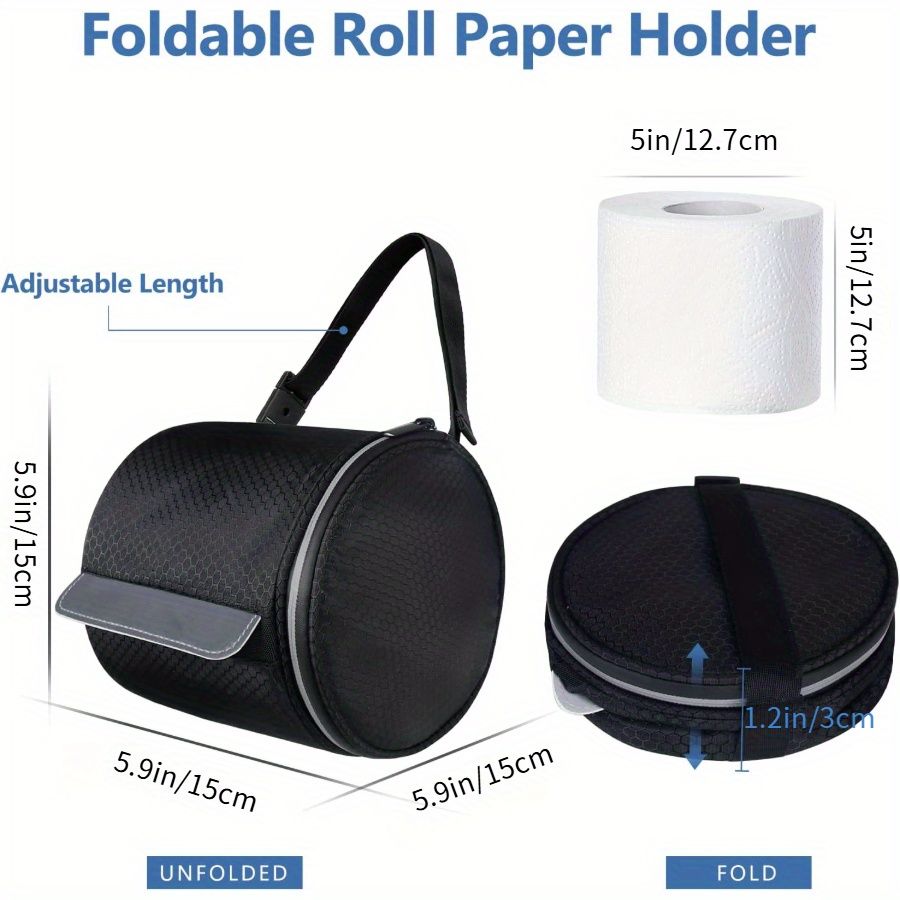 Portable Foldable Toilet Paper Holder with Adjustable Strap, Cat-Proof Dispenser for Camping, Home & Office, Durable Fabric Cover Black