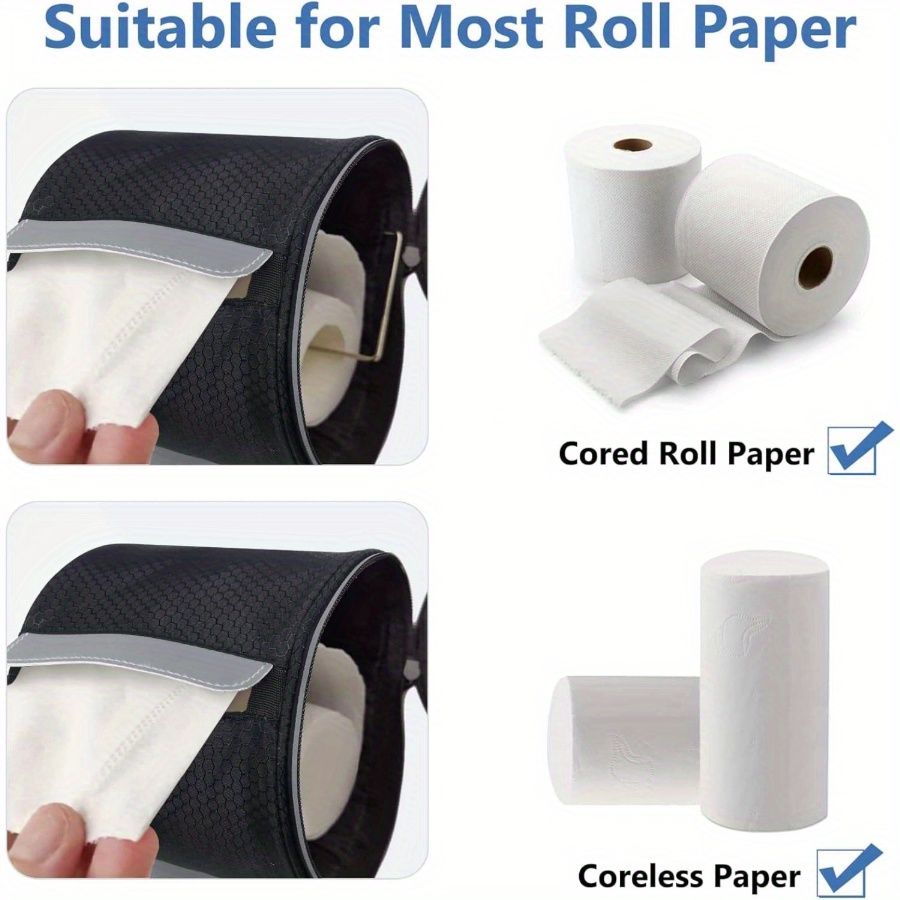 Portable Foldable Toilet Paper Holder with Adjustable Strap, Cat-Proof Dispenser for Camping, Home & Office, Durable Fabric Cover Black
