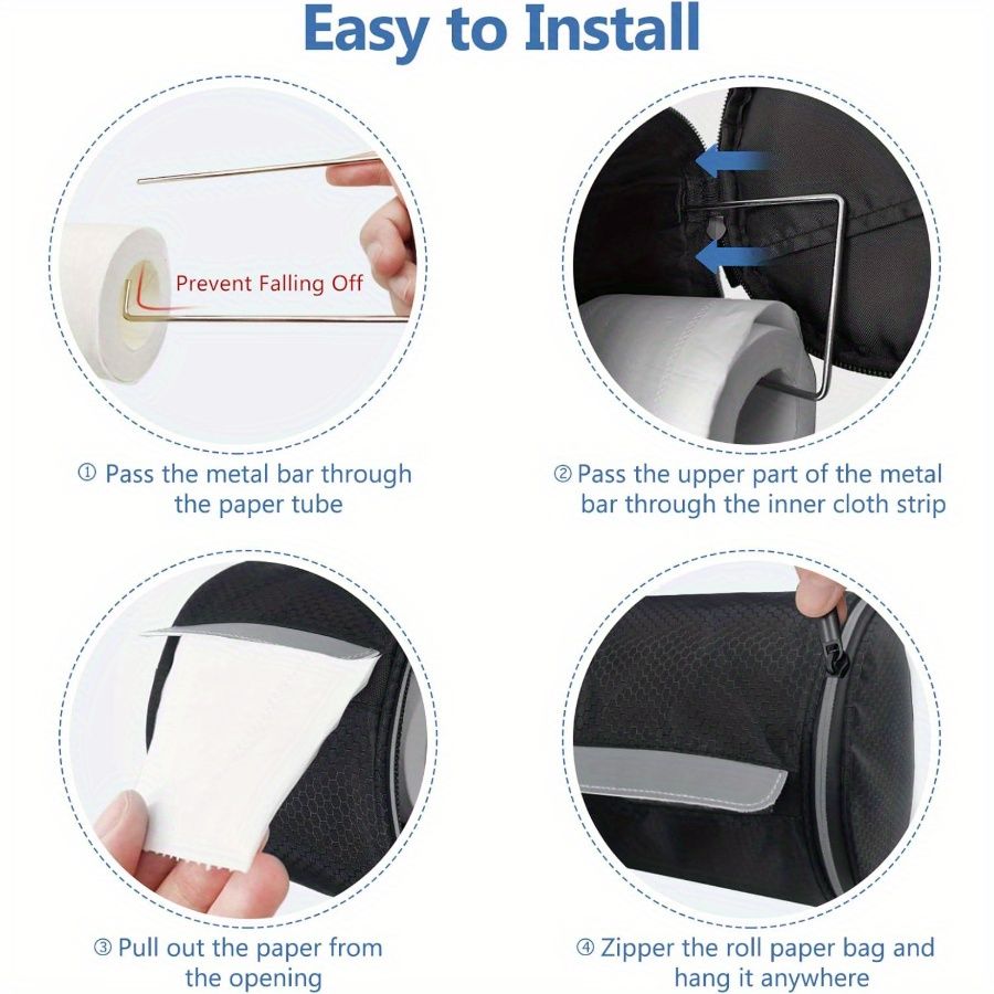 Portable Foldable Toilet Paper Holder with Adjustable Strap, Cat-Proof Dispenser for Camping, Home & Office, Durable Fabric Cover Black