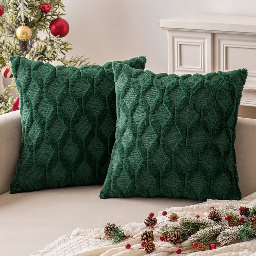 Dark Green Christmas Throw Pillow Covers 18x18 Set of 2 Decorative Farmhouse Couch Throw Pillows Boho Shells Cute Soft Plush Wool Winter Pillowcases for Bedroom Living Room Sofa