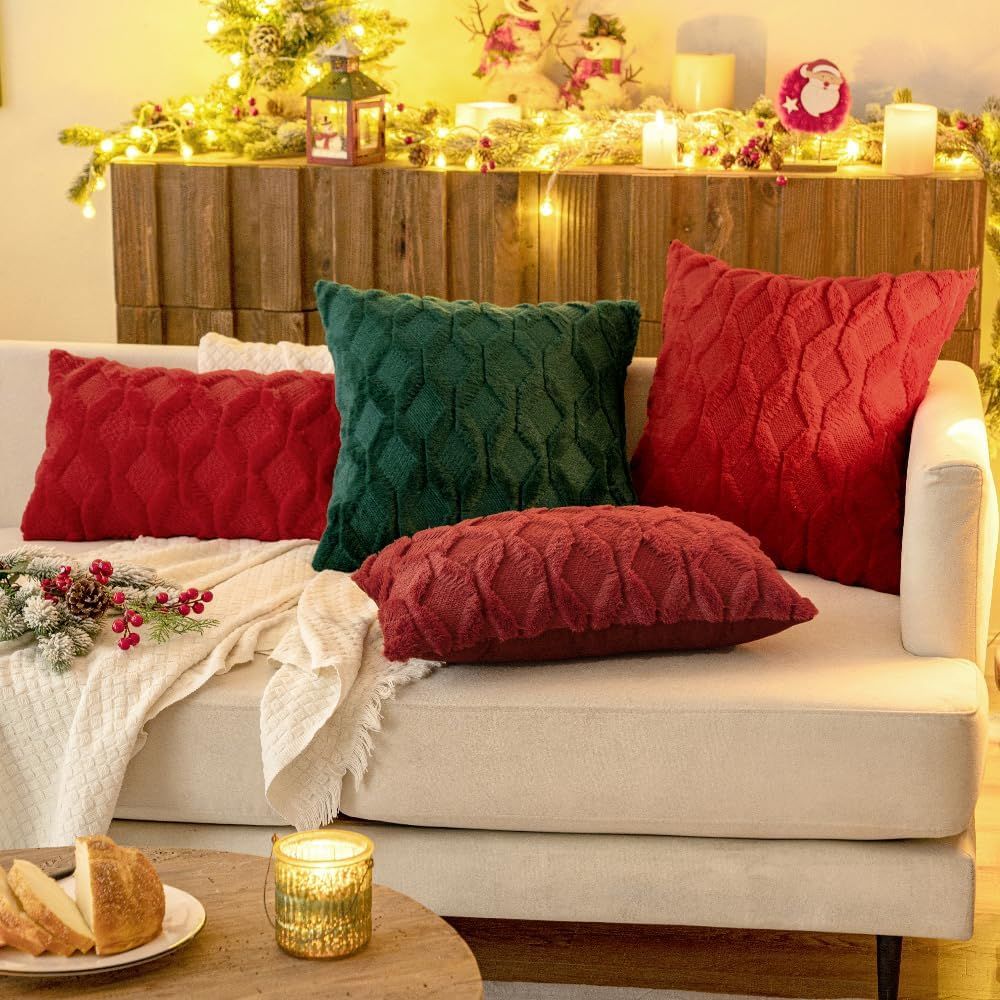 Dark Green Christmas Throw Pillow Covers 18x18 Set of 2 Decorative Farmhouse Couch Throw Pillows Boho Shells Cute Soft Plush Wool Winter Pillowcases for Bedroom Living Room Sofa