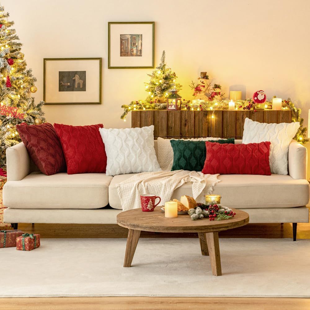 Dark Green Christmas Throw Pillow Covers 18x18 Set of 2 Decorative Farmhouse Couch Throw Pillows Boho Shells Cute Soft Plush Wool Winter Pillowcases for Bedroom Living Room Sofa