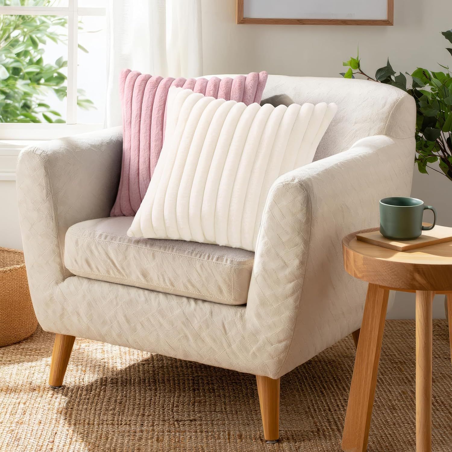 Faux Fur Plush Christmas Throw Pillow Covers 18x18 Set of 2, Luxury Soft Fluffy Striped Decorative Pillow Covers for Sofa, Couch, Living Room, Cream White
