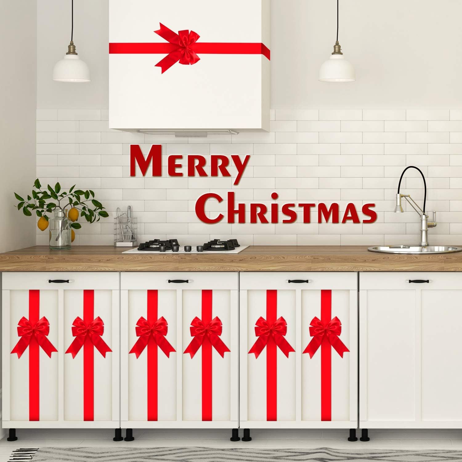 8 Pcs Christmas Cabinet Ribbons Bows for Kitchen 78.8 Inch Red Large Christmas Door Ribbon Cabinet Bows for Gifts Xmas Tree Home Wall Furniture Party Decorations