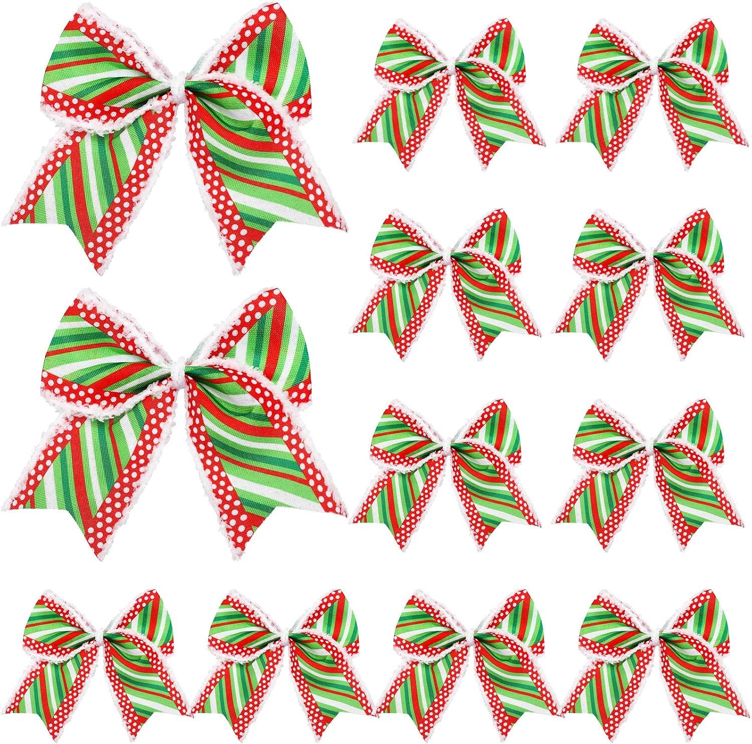 12 Pcs Red Green Christmas Bows Decoration 6 Inch Large Christmas Wreaths Bows Xmas Tree Dot Ribbons Ornaments for Garland Wedding Party(Red and Green,Stripe Pattern)