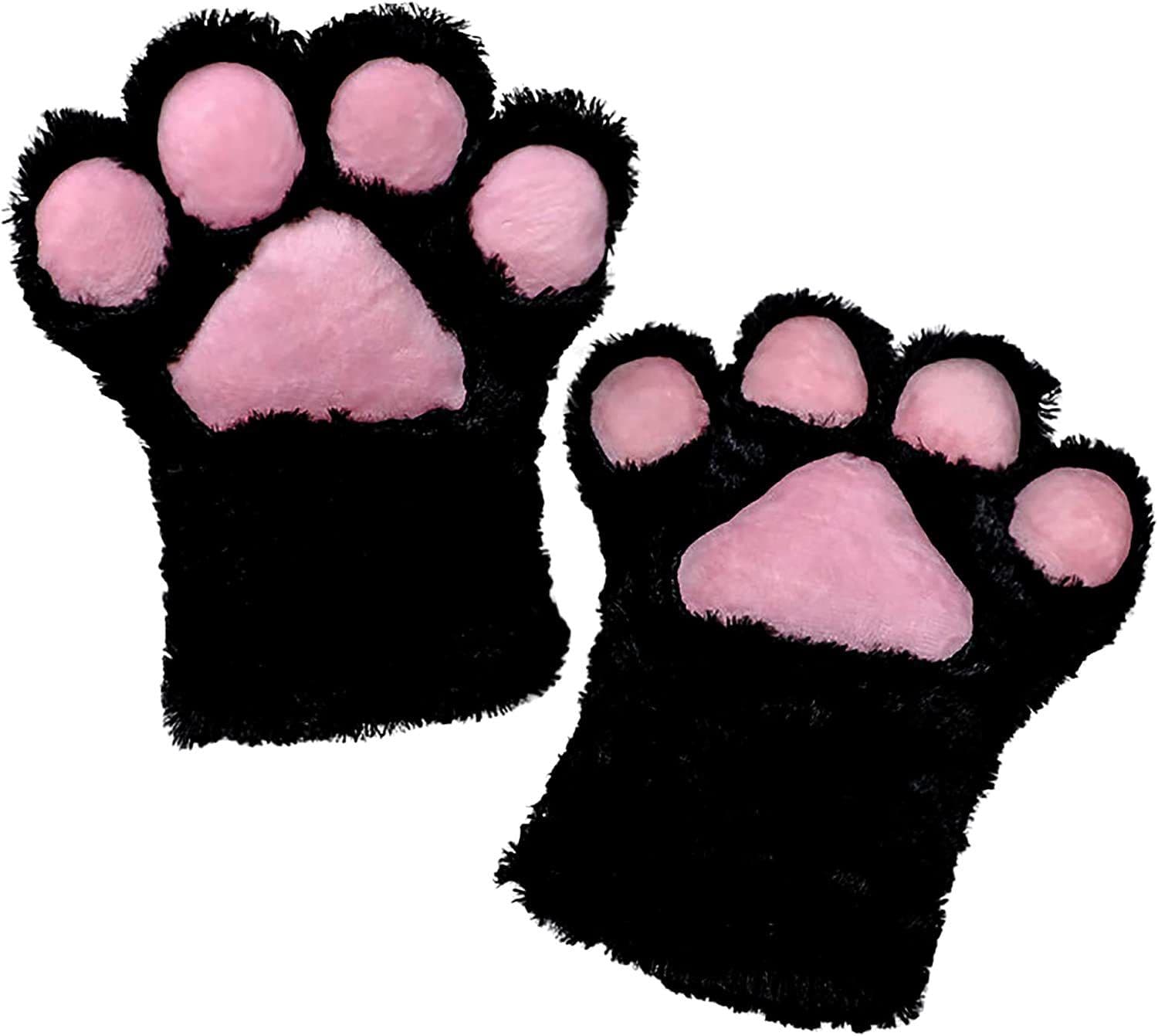 Gloves Faux Fur Cat Mittens Cosplay Animal Fluffy Cat Fursuit Paws Claws Gloves Costume Accessories for Adults (Black)