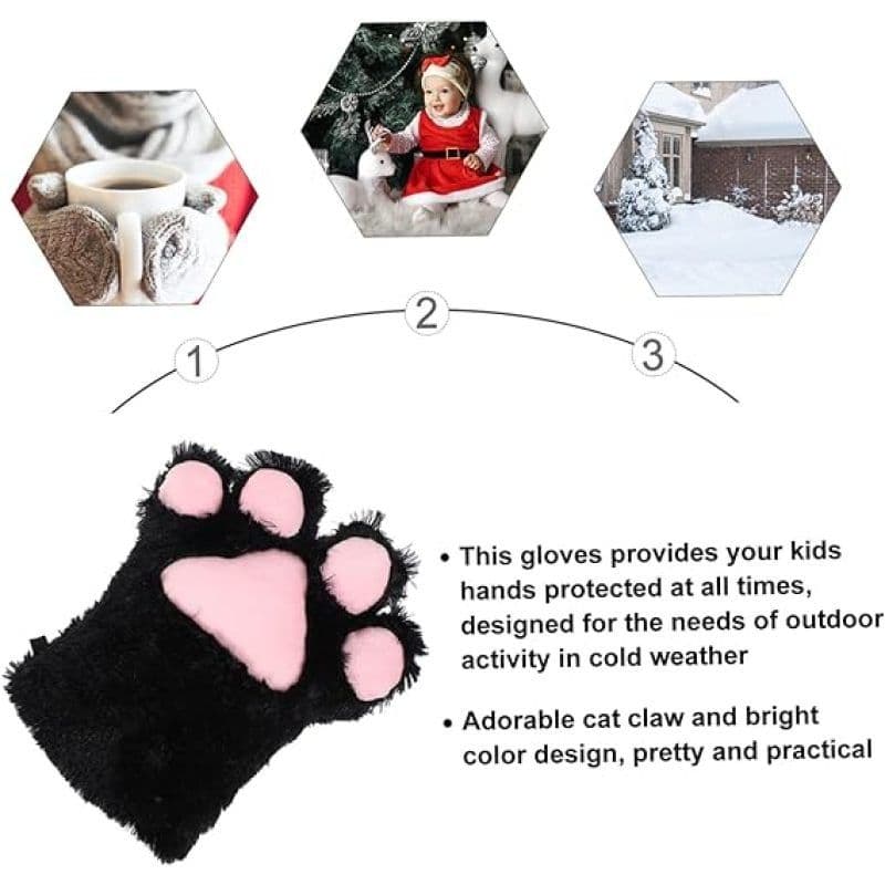 Gloves Faux Fur Cat Mittens Cosplay Animal Fluffy Cat Fursuit Paws Claws Gloves Costume Accessories for Adults (Black)