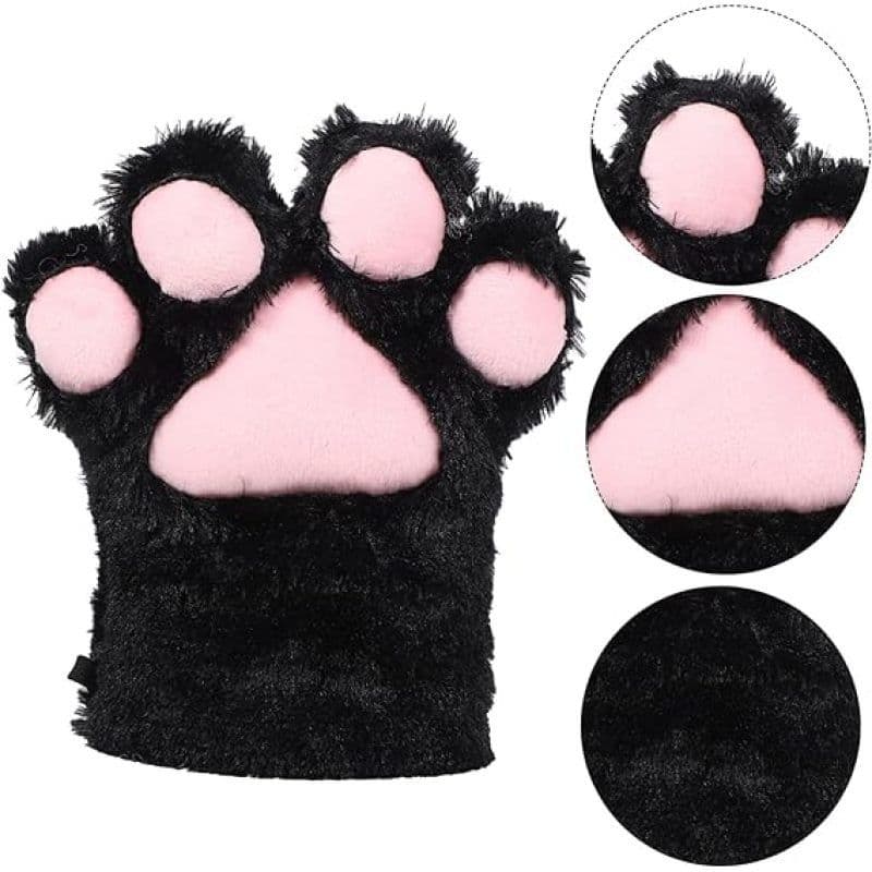 Gloves Faux Fur Cat Mittens Cosplay Animal Fluffy Cat Fursuit Paws Claws Gloves Costume Accessories for Adults (Black)