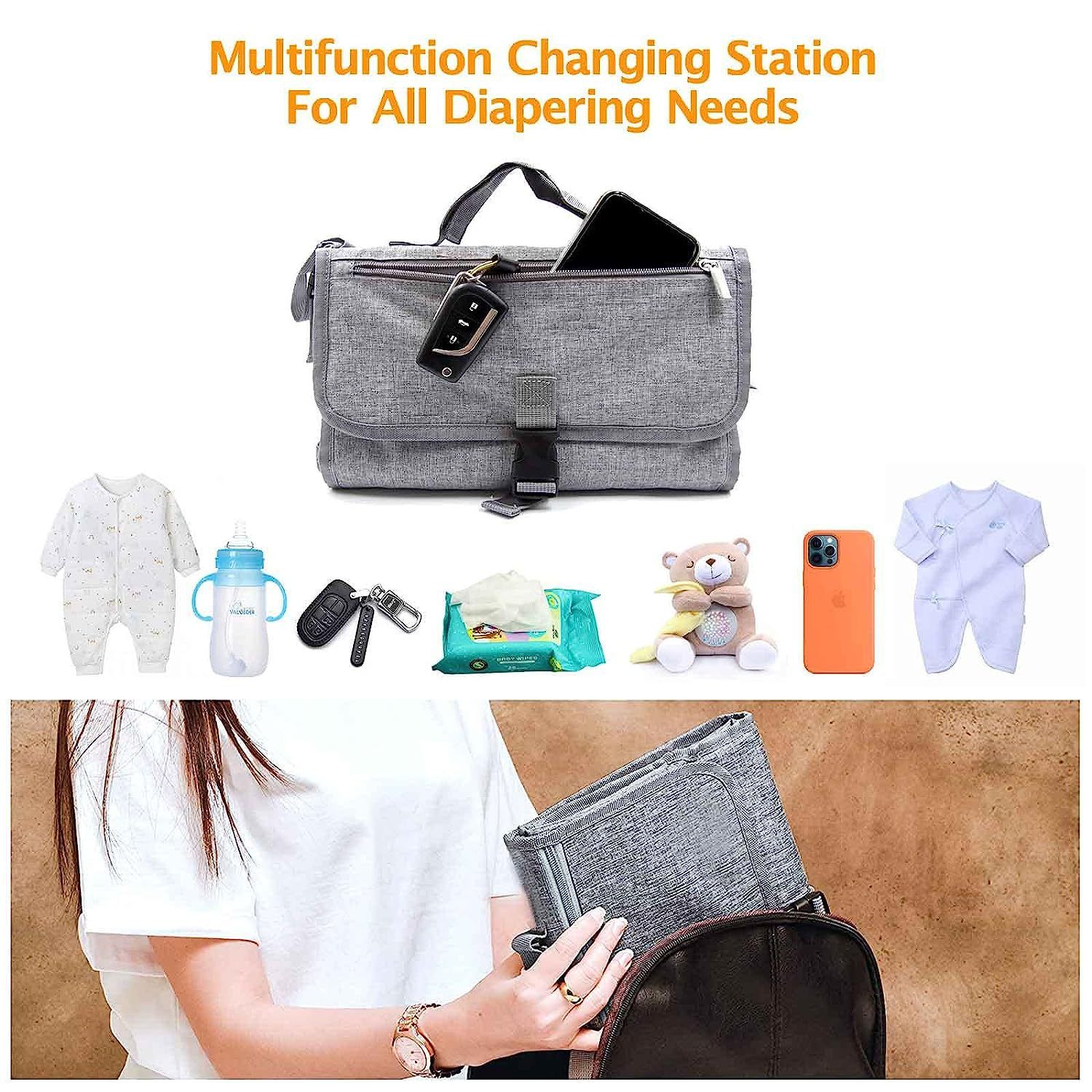 Baby Portable Diaper Changing Pad - Baby Changing Pad & Diaper Changer Travel Bag, Smart Design Baby Changing Mat, Grey