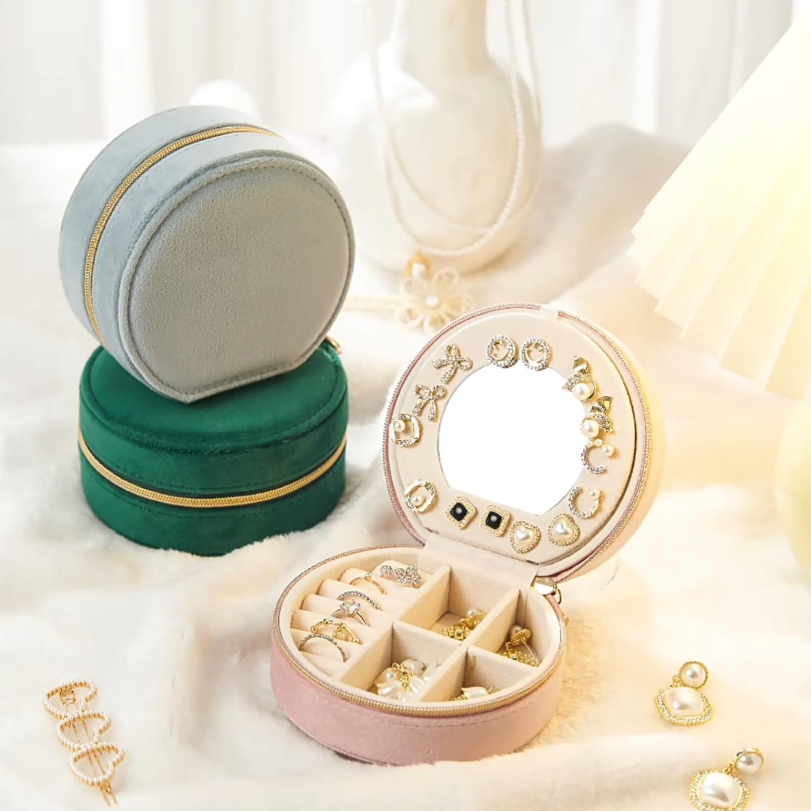 Green Small Portable Jewelry Box with Mirror for Travel, Luxury 3 Layers Jewelry Organizer Compact Case for Necklace Earring