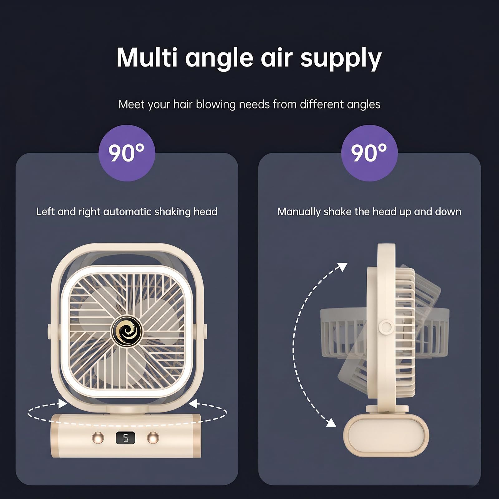 White USB Desk Fan with 2400mAh Rechargeable Battery, 5 Speeds Quiet Table Fan, 90° Oscillation, Small Desktop Fan with Night Light