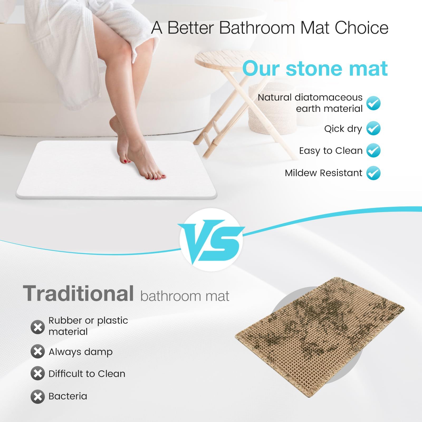 High-quality white pure cotton bathroom mat, ultra-soft, absorbent, quick-drying bathroom rug, non-slip, washable bathroom mat(40cm*30cm)