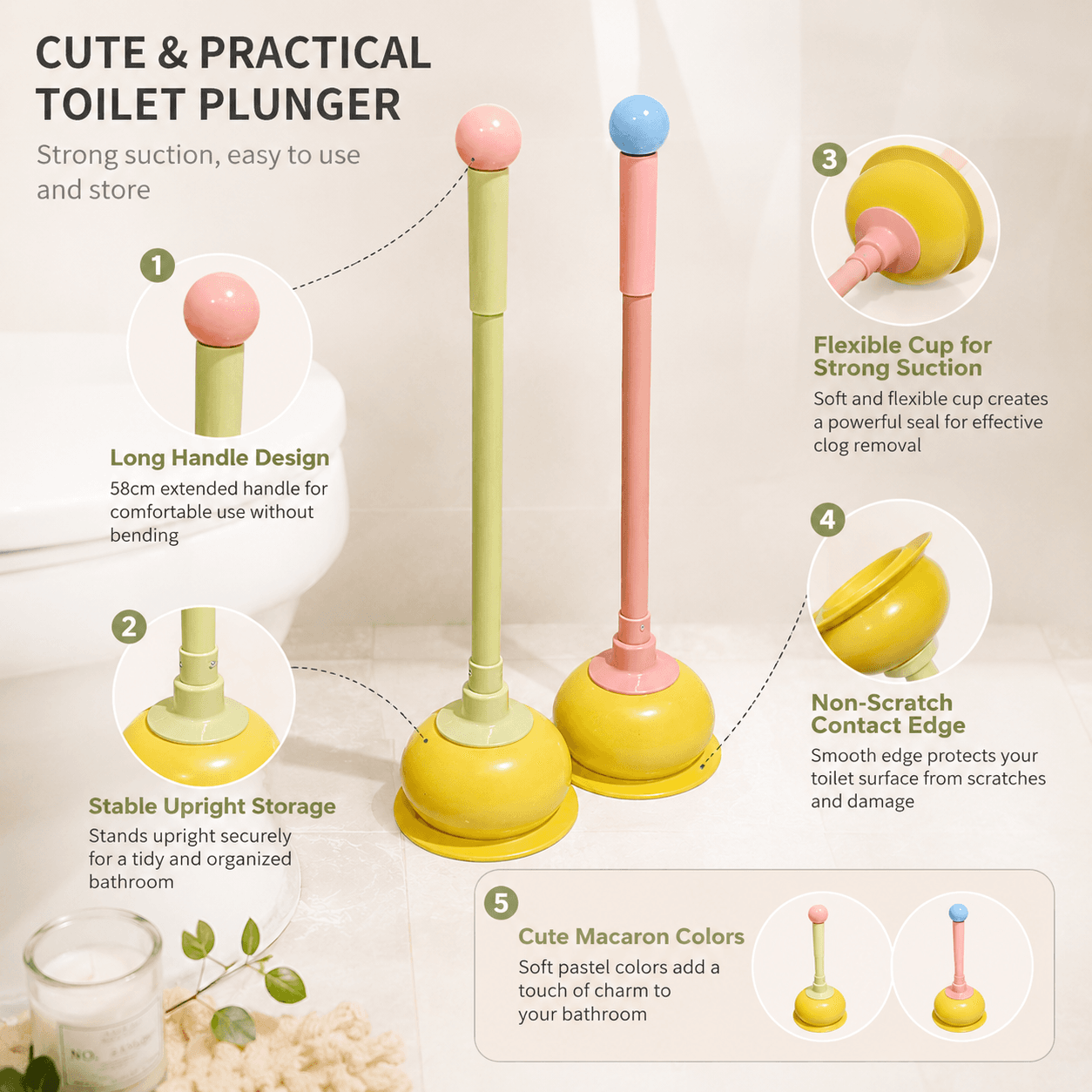 Toilet Plunger Long Handle Strong Suction Cup Non-Scratch Drain Plunger Pink