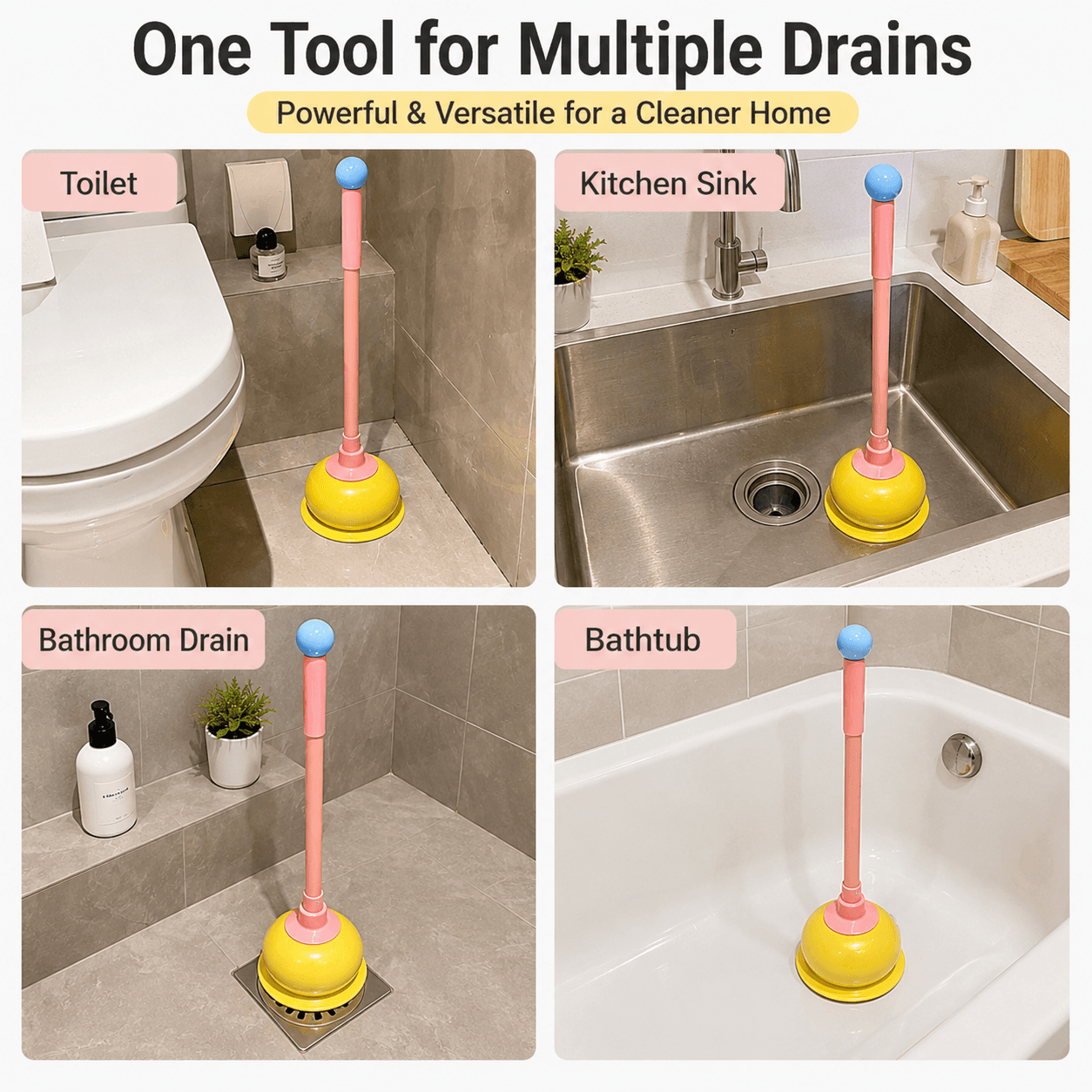 Toilet Plunger Long Handle Strong Suction Cup Non-Scratch Drain Plunger Pink