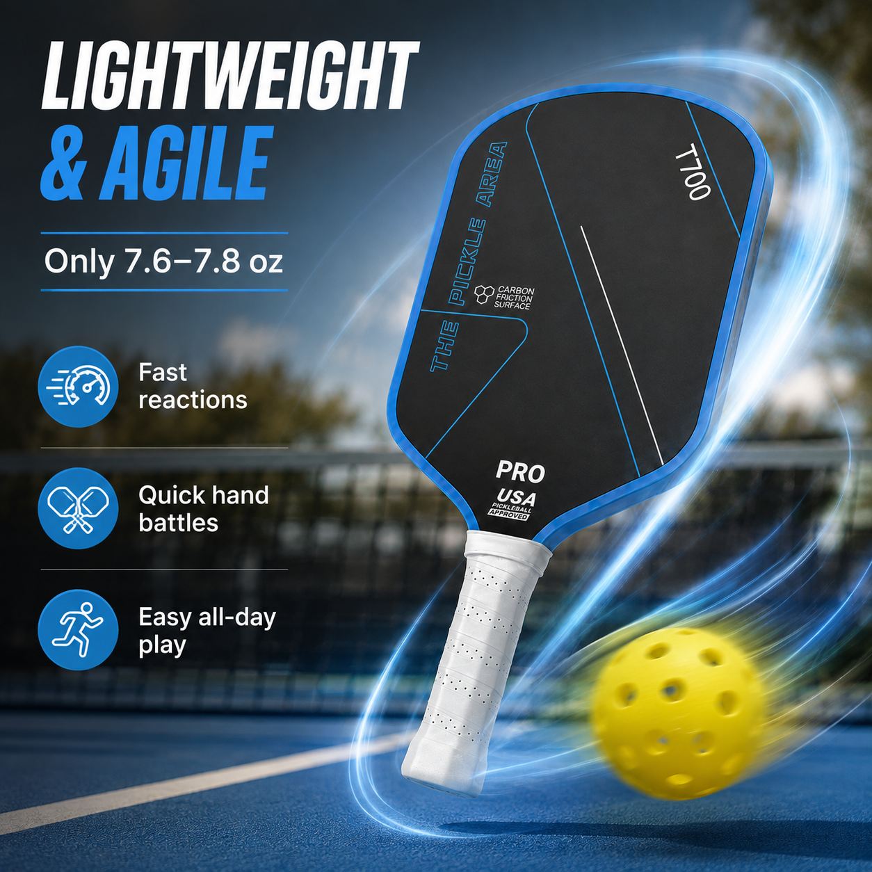 T700 Carbon Fiber Pickleball Paddle, USAP Approved Racket with Carbon Friction Surface for Spin, Control & Power – Orange
