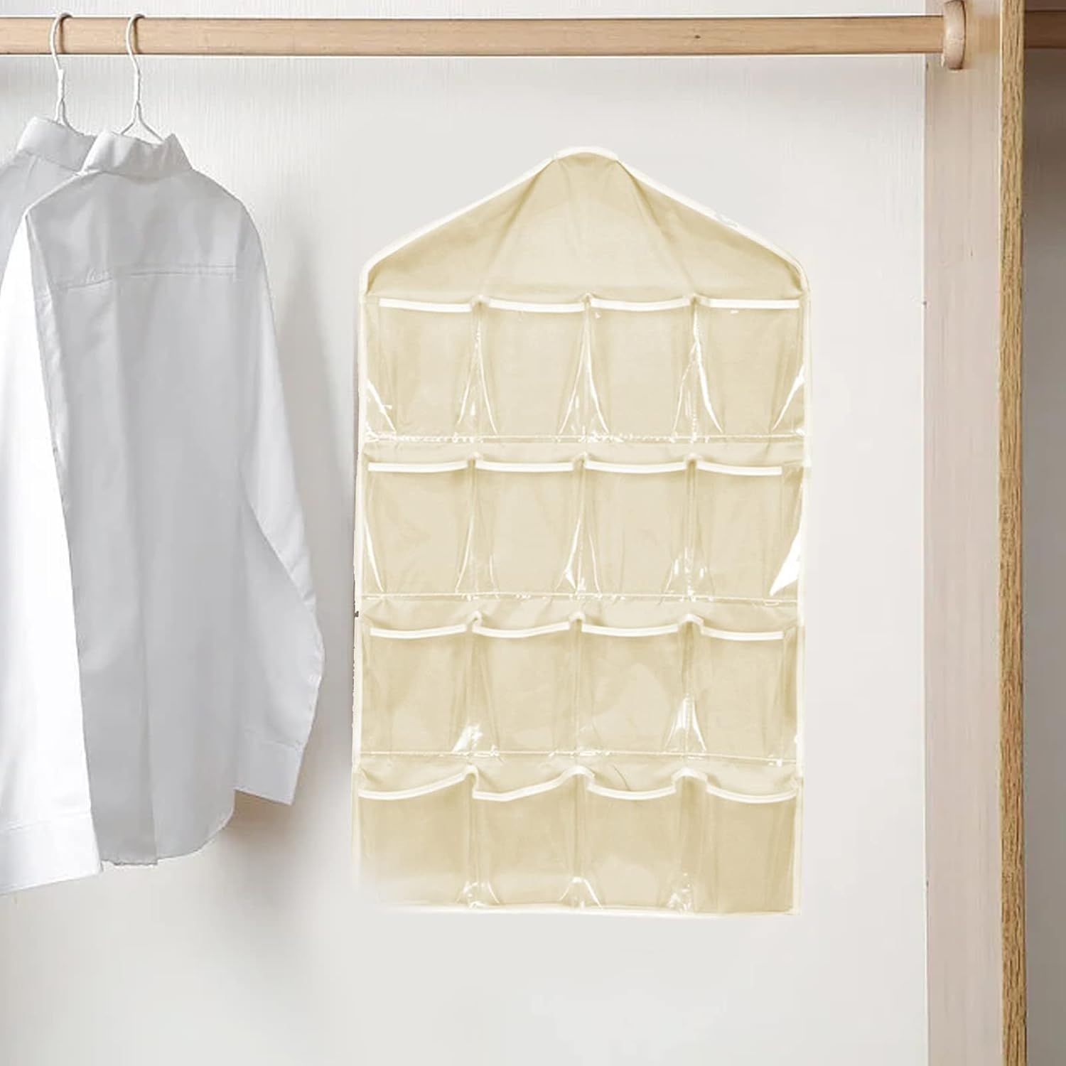 Beige Hanging Storage Bag for Closets, Portable 16 Pockets Hanging Organizer for Socks, Bras and Underwear, Closet Organizers and Storage Closet Bag, Behind the Door Organizer