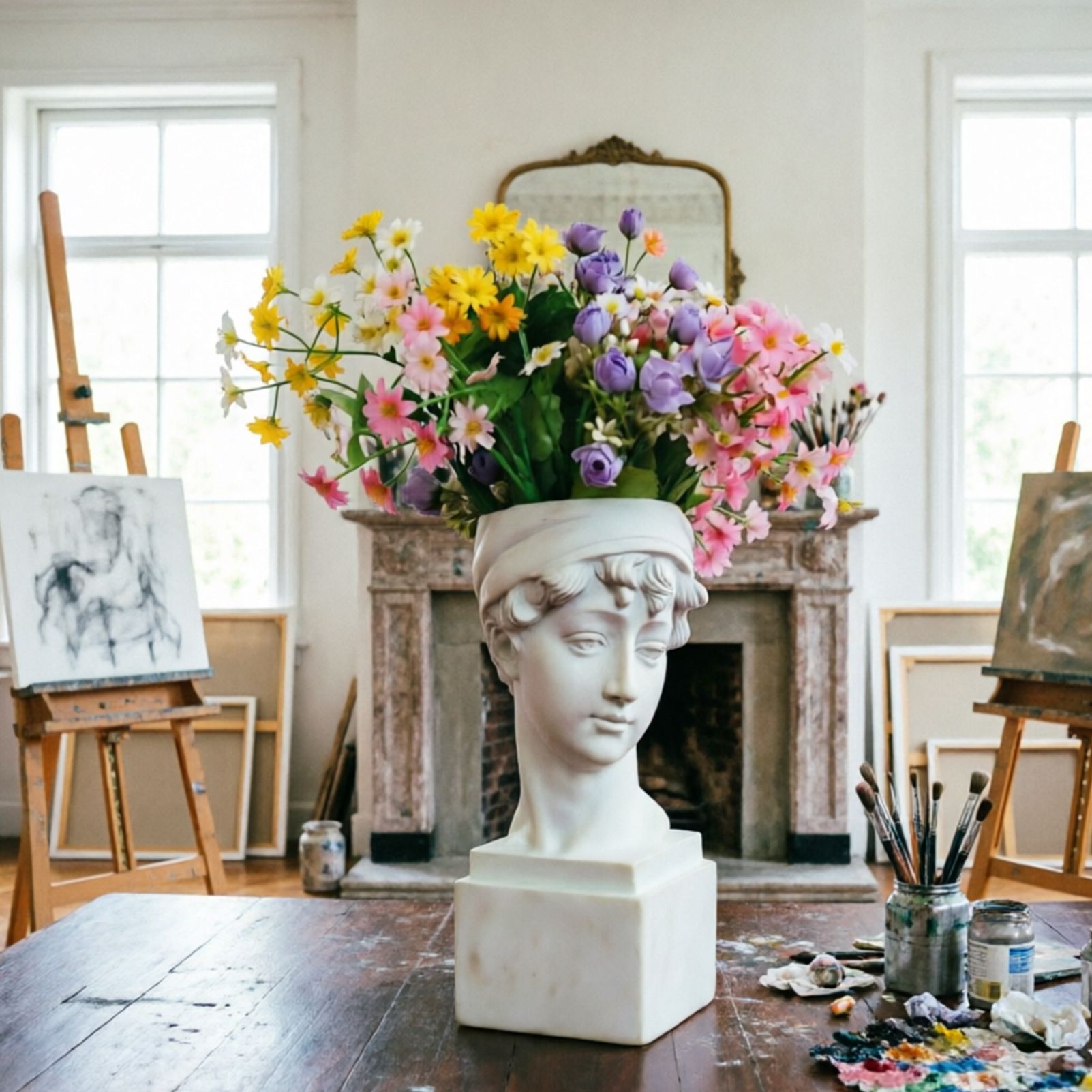 Elegant Girl with a Headscarf Resin Bust Sculpture Flower Vase - Classic European Style Figurine for Home Decor, Art Studio, or Office Desk - Perfect for Sketching, Photography, and Shelf Display (White)