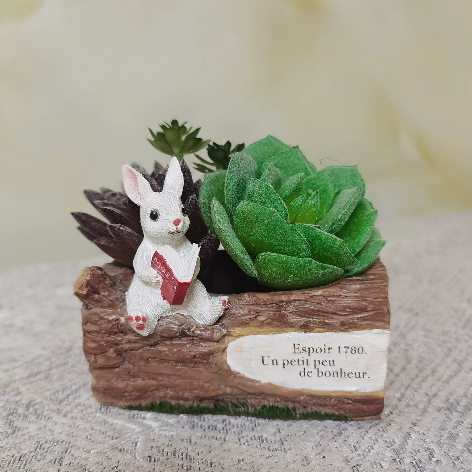 Whimsical Resin Bunny Planter - Cute Rabbit with Book on Tree Stump Design, Mini Succulent Pot for Indoor & Outdoor Garden Decor