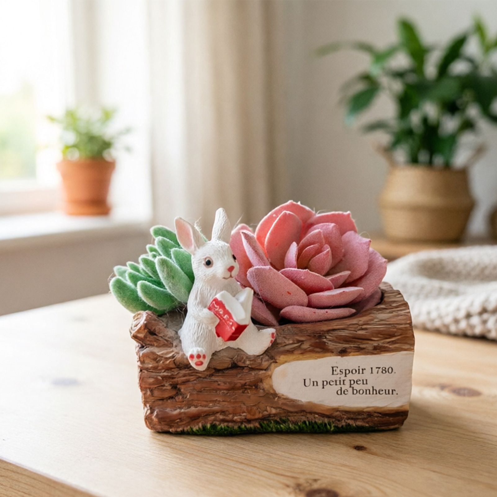 Whimsical Resin Bunny Planter - Cute Rabbit with Book on Tree Stump Design, Mini Succulent Pot for Indoor & Outdoor Garden Decor