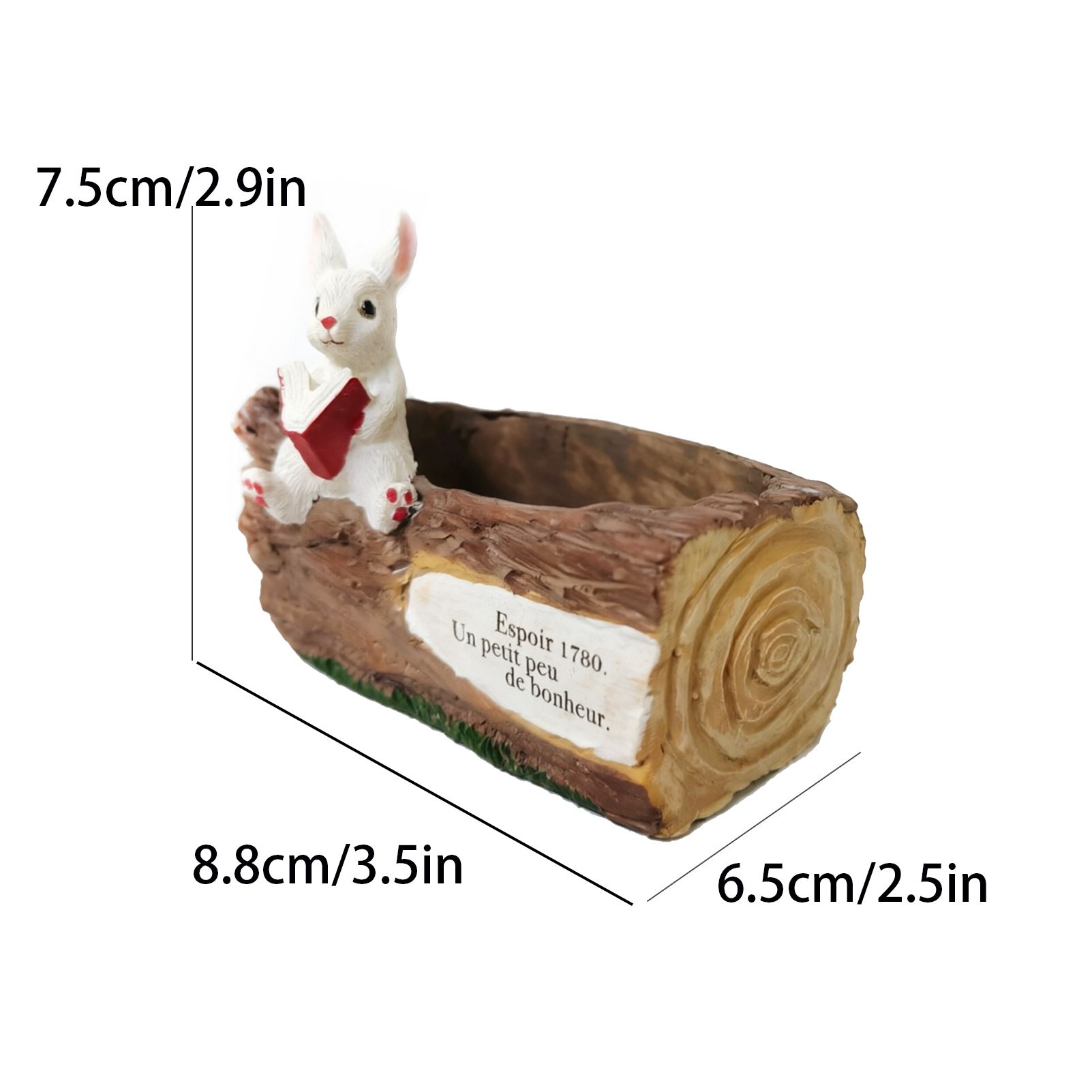 Whimsical Resin Bunny Planter - Cute Rabbit with Book on Tree Stump Design, Mini Succulent Pot for Indoor & Outdoor Garden Decor