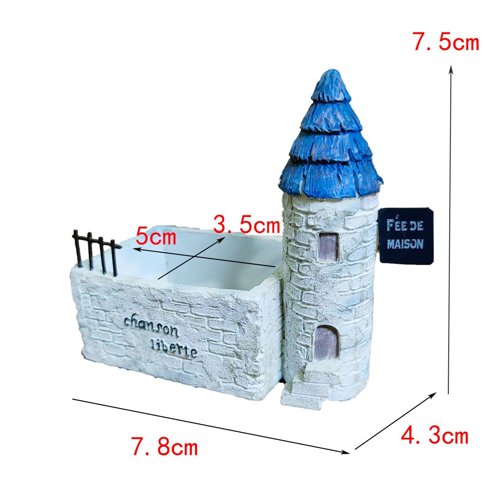 Mini French Country Tower House Planter with Blue-Tiled Tower – Handcrafted Resin Succulent Pot with Drainage, Decor for Desk, Patio, Windowsill & Shelf