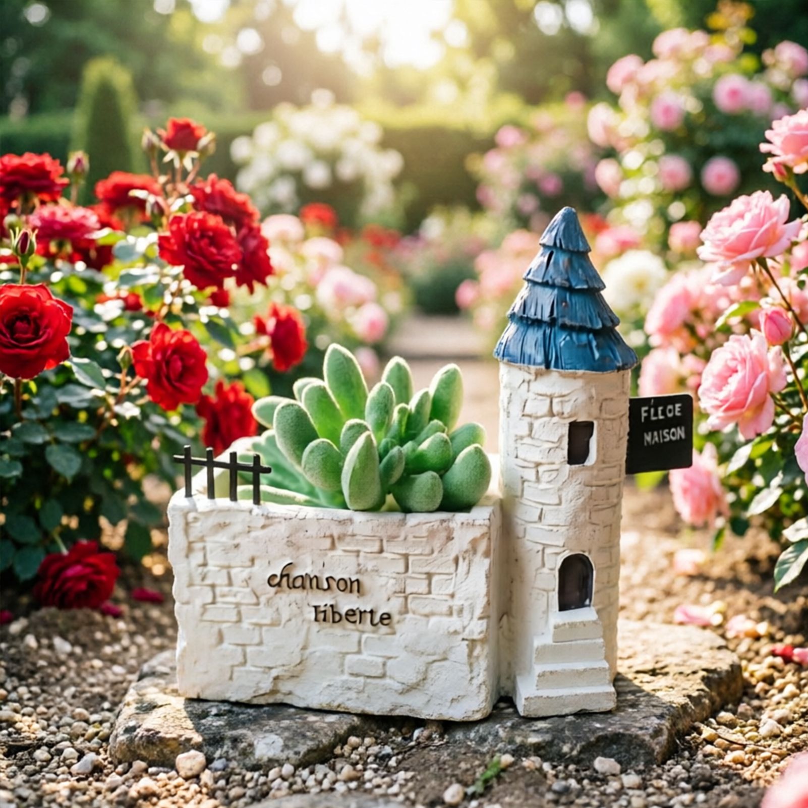 Mini French Country Tower House Planter with Blue-Tiled Tower – Handcrafted Resin Succulent Pot with Drainage, Decor for Desk, Patio, Windowsill & Shelf