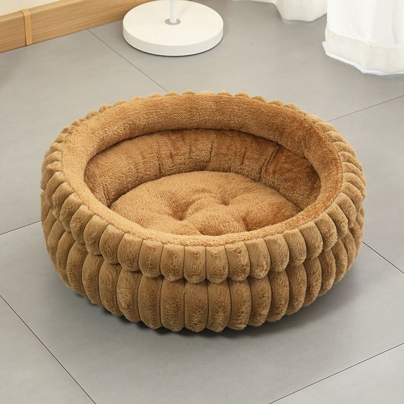 Plush Round Bed - Cream White, Size L: 60×60×15cm