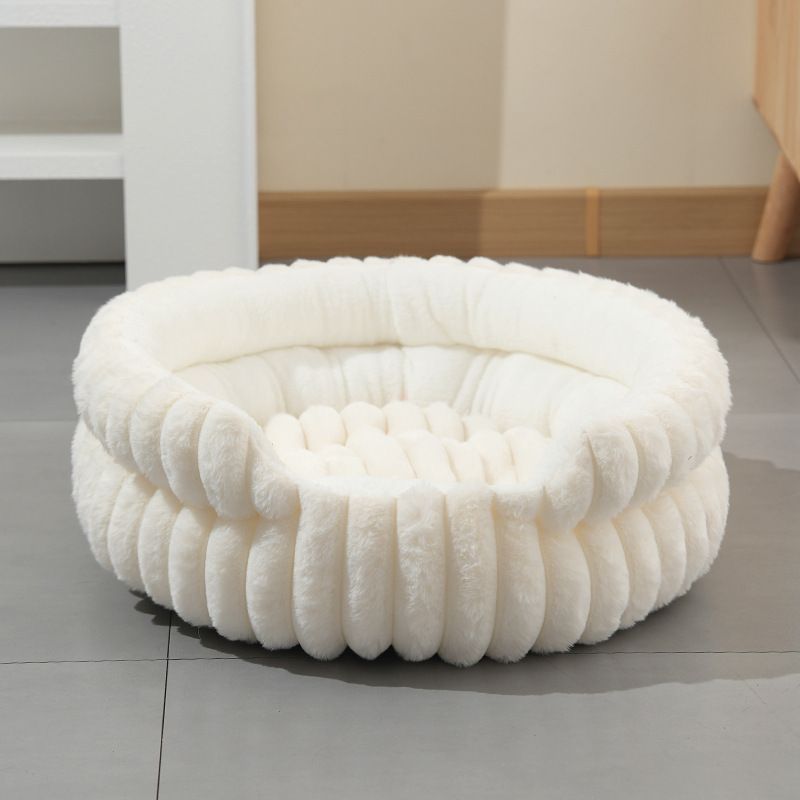 Plush Round Bed - Cream White, Size L: 60×60×15cm
