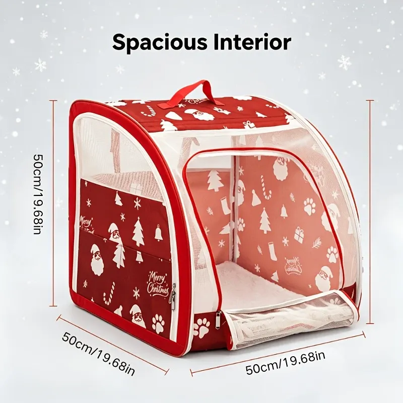 Christmas Portable Car Pet Carrier, Foldable Soft-Sided Cat & Dog Crate, 50×50×50cm, Mesh Windows, Dual Zippers, Built-in Bed, 25LBS Capacity, Travel & Home