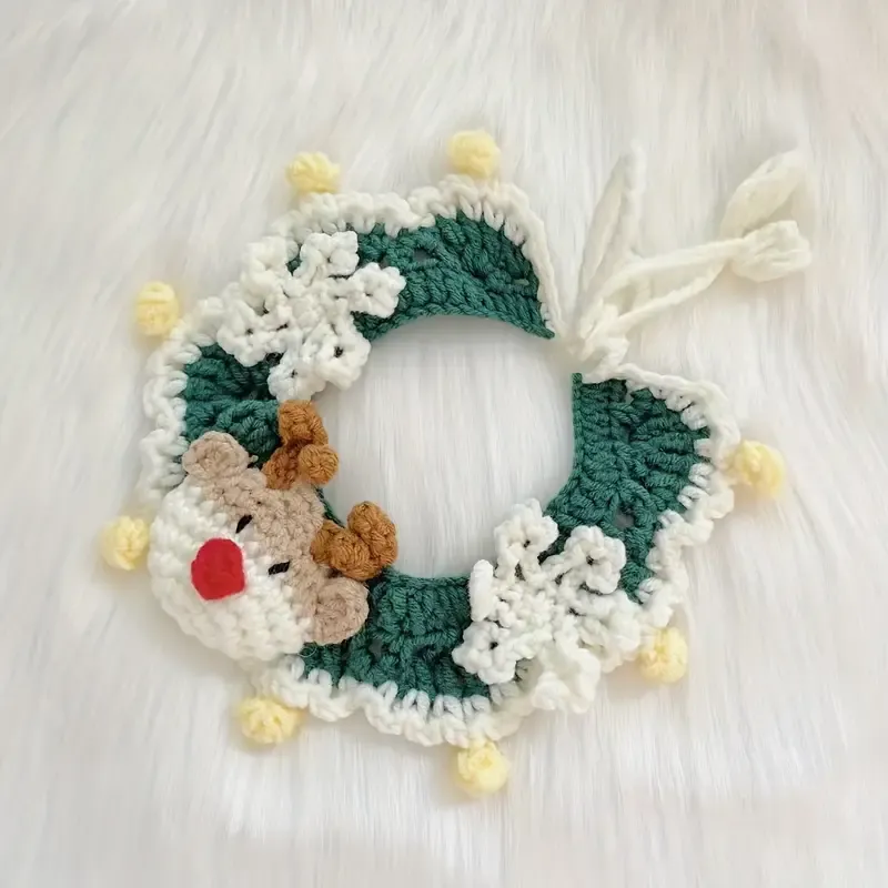 Handmade Yarn Pet Neckerchief, Christmas Photo Must-Have, Comfortable, Breathable & Adjustable. Reindeer Crochet Neckerchief: Size L