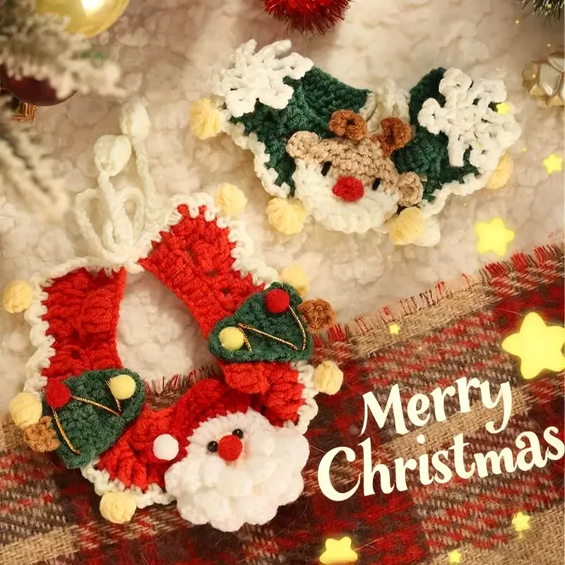 Handmade Yarn Pet Neckerchief, Christmas Photo Must-Have, Comfortable, Breathable & Adjustable. Reindeer Crochet Neckerchief: Size L