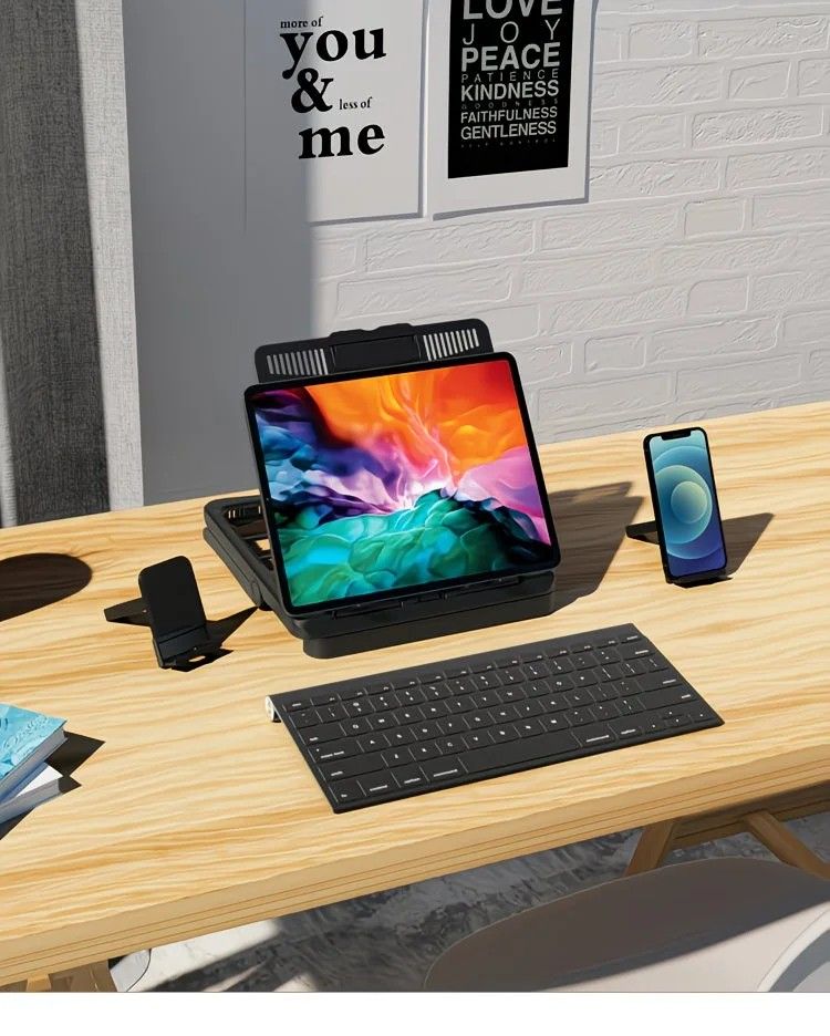 Adjustable laptop stand, designed for 17.3-inch laptops, a portable stand that allows for height adjustment on the desk, and comes with a dedicated phone holder.