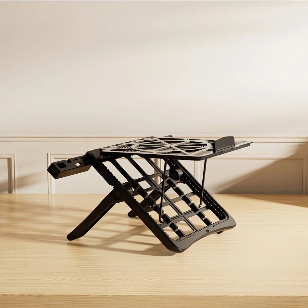 Adjustable laptop stand, designed for 17.3-inch laptops, a portable stand that allows for height adjustment on the desk, and comes with a dedicated phone holder.
