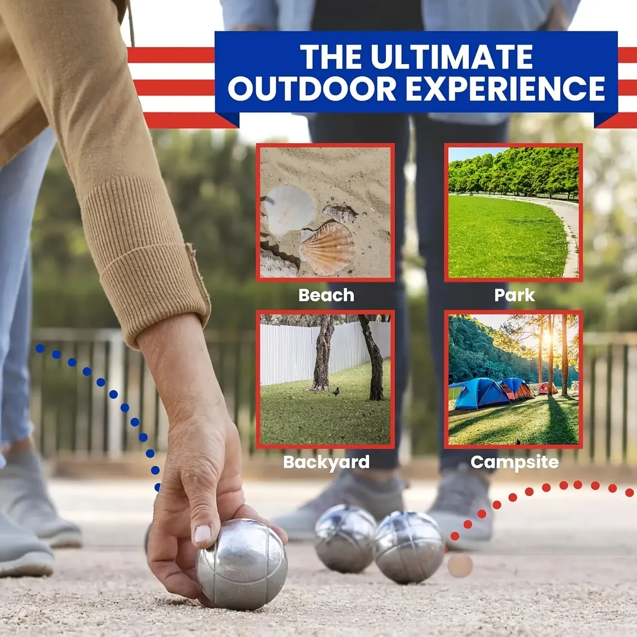 Petanque Boules Set – Chrome & Titanium Plated Steel Balls, with Jack, Measure Tool & Logo Bag, Backyard Beach Lawn Game（3-Ball Set）