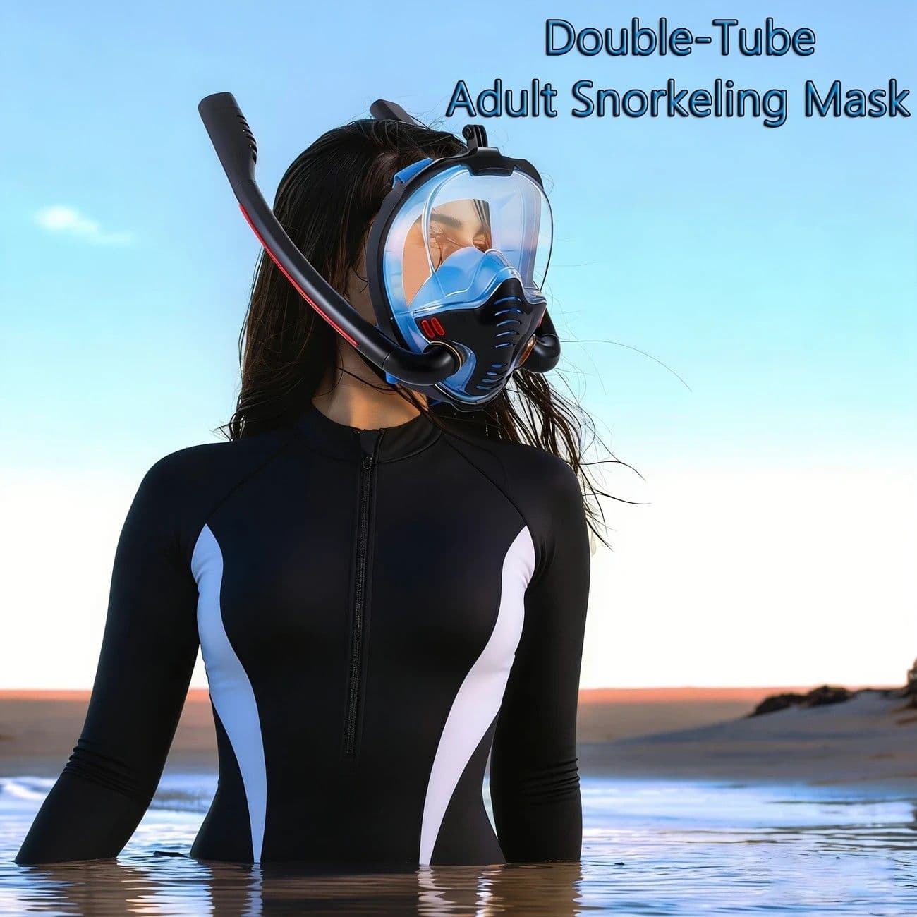 Full Face Snorkel Mask 180° Panoramic Anti-Fog Dual Tube L/XL Black