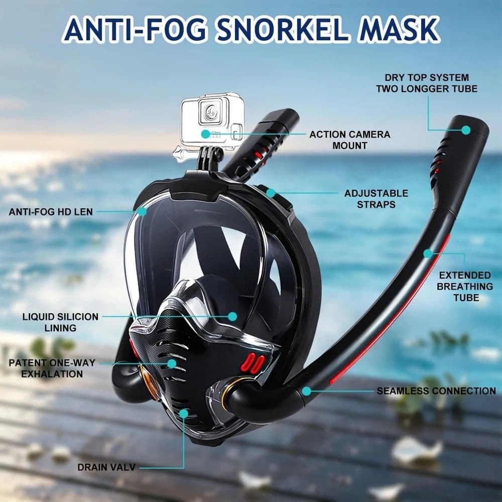 Full Face Snorkel Mask 180° Panoramic Anti-Fog Dual Tube L/XL Black