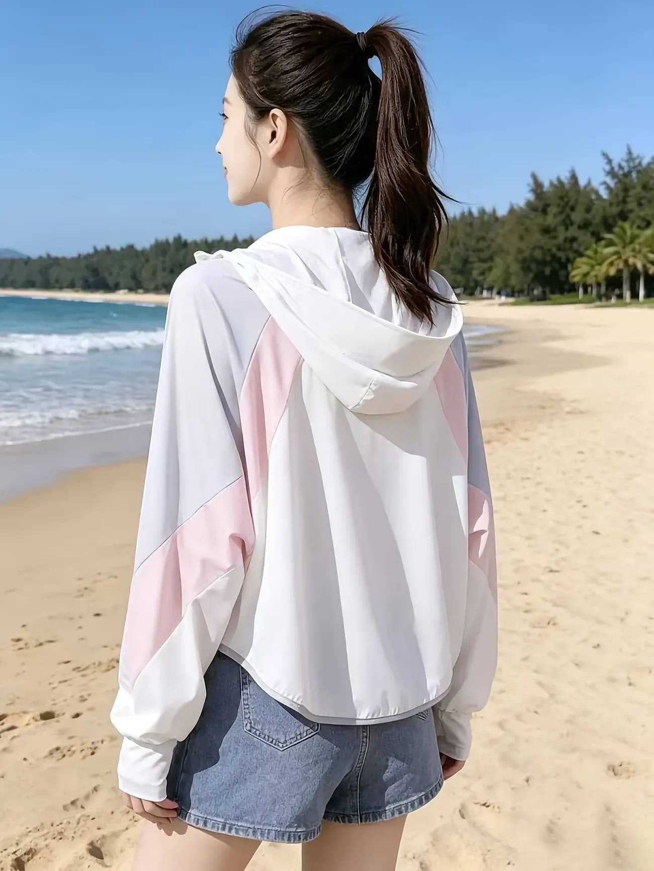 Hat Brim Sun Protection Jacket Ice Silk UV-Protective Cape Style Batwing Sleeves with Thumbholes Hooded Face Mask Lightweight Breathable White