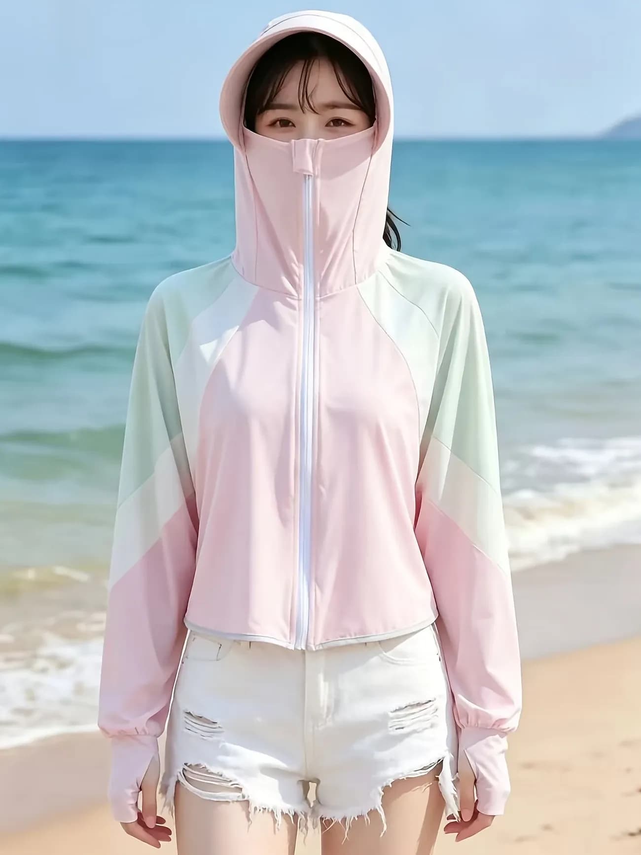 Hat Brim Sun Protection Jacket Ice Silk UV-Protective Cape Style Batwing Sleeves with Thumbholes Hooded Face Mask Lightweight Breathable White